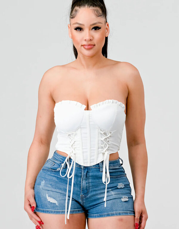 Luxe sweetheart ruffled drawstring lace bustier top