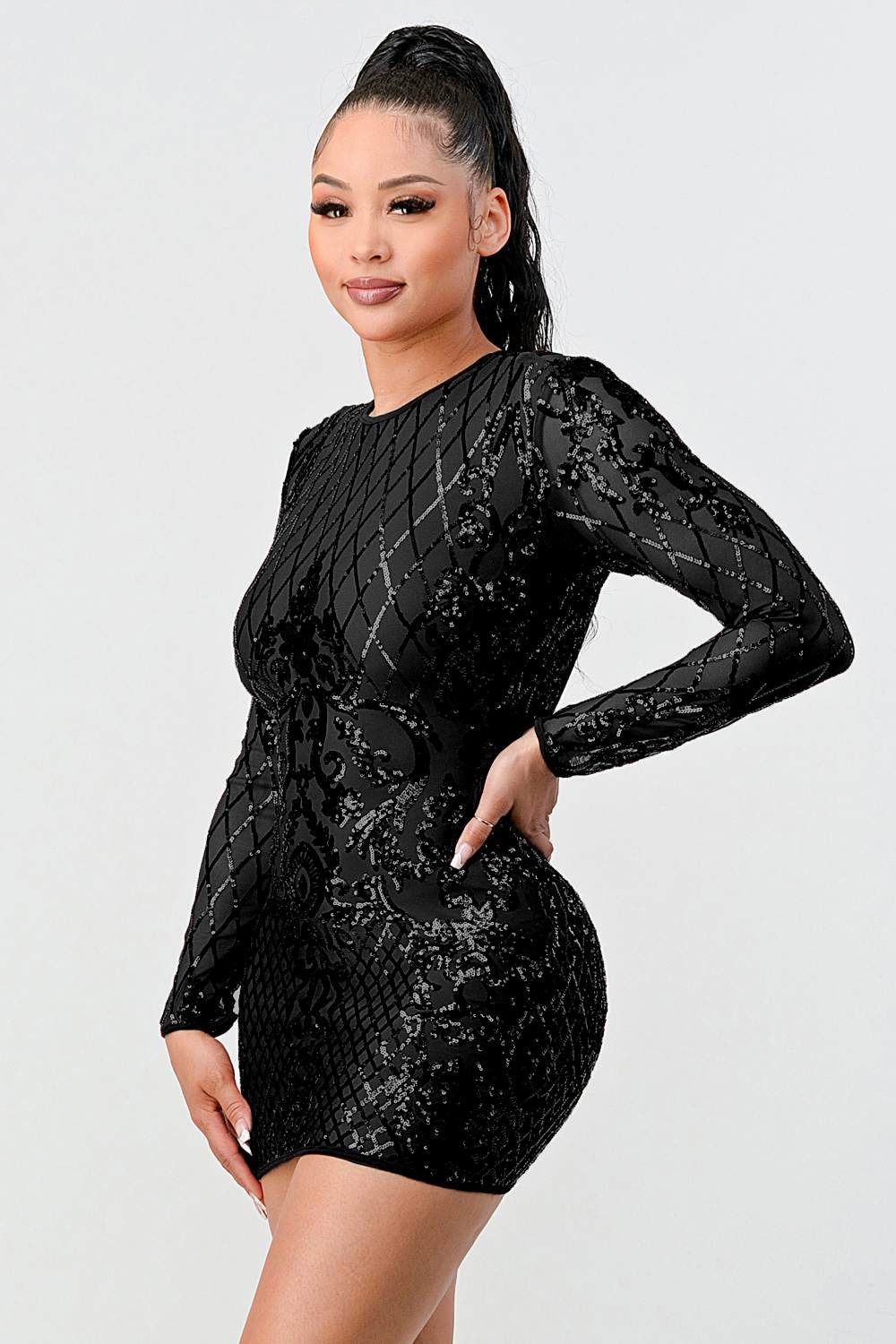 Lux Geo Floral Sequins Bodycon Mini Dress - Image 3