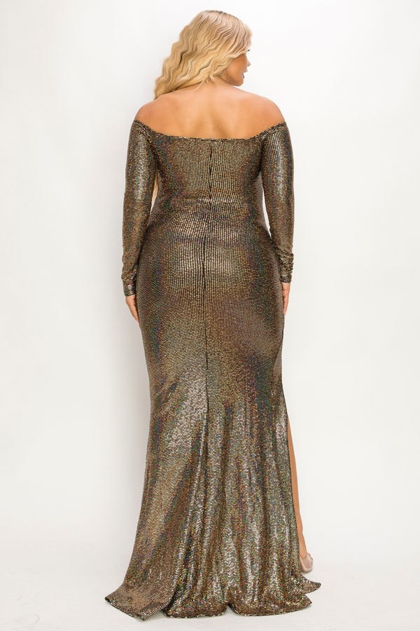 Plus Long Sleeve Off Shoulder Sequin Fabric (metallic) Party Maxi Dress - Image 4