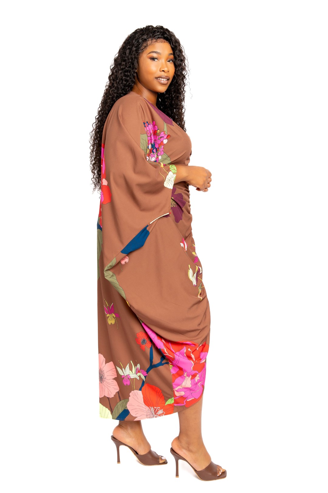 Printed Ruched Kaftan Dress With Inside Waist Tie - Image 3