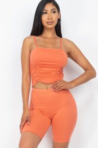 Camisole Ruched Sleeveless Top & Biker Shorts Set orange