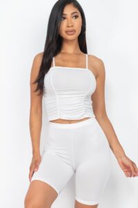 Camisole Ruched Sleeveless Top & Biker Shorts Set white