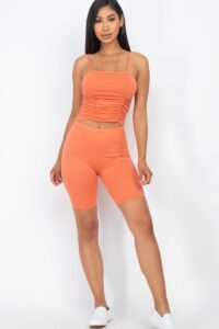 Camisole Ruched Sleeveless Top & Biker Shorts Set orange