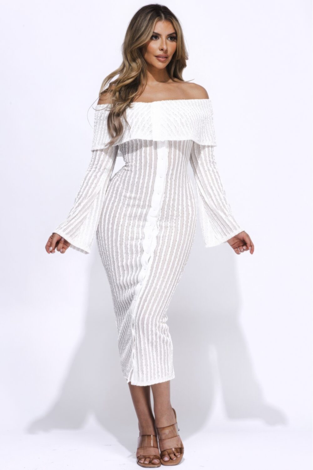 Ruffled Fabric Off Shoulder Midi Dress With Flared Sleeve white