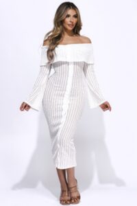 Ruffled Fabric Off Shoulder Midi Dress With Flared Sleeve white