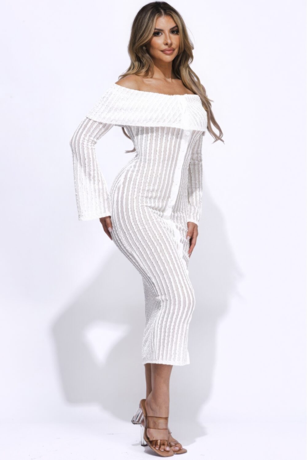 Ruffled Fabric Off Shoulder Midi Dress With Flared Sleeve white