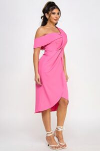 Off Shoulder Twist Front Midi Dress With Tulip Skirt