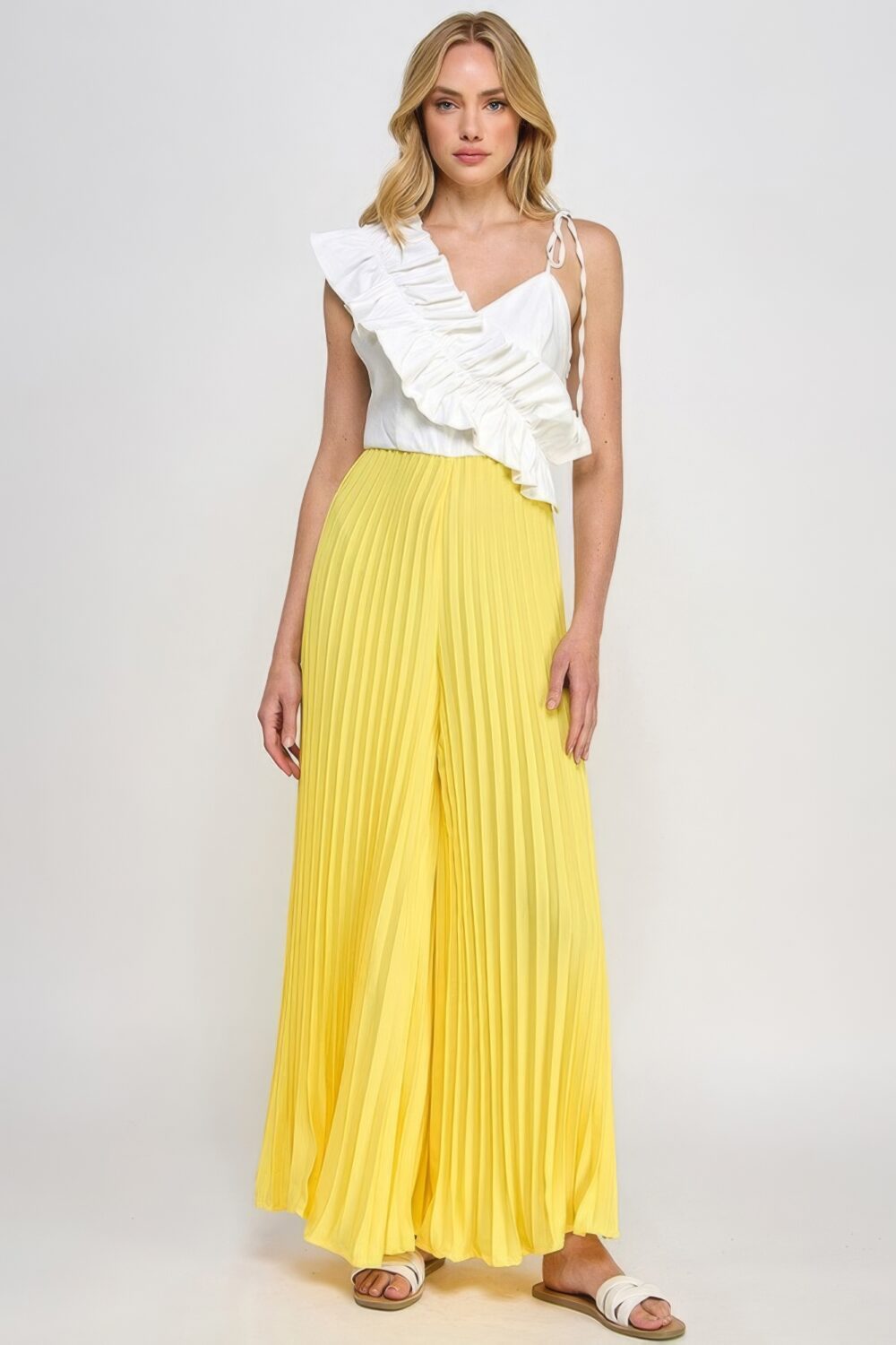 Cami Asymmetrical Ruffle Detail Pleated Bottom Jumpsuit yellow
