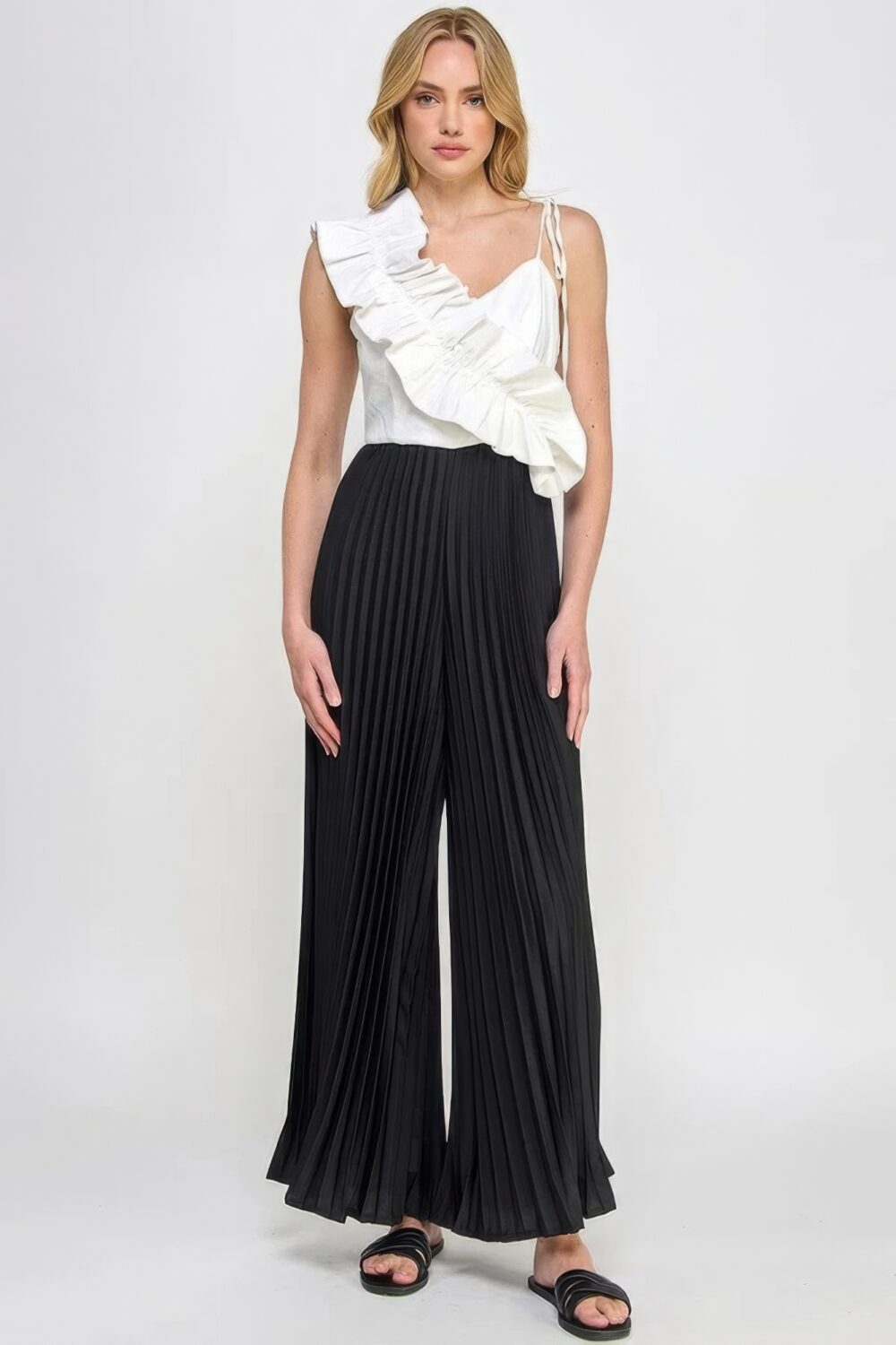 Cami Asymmetrical Ruffle Detail Pleated Bottom Jumpsuit black