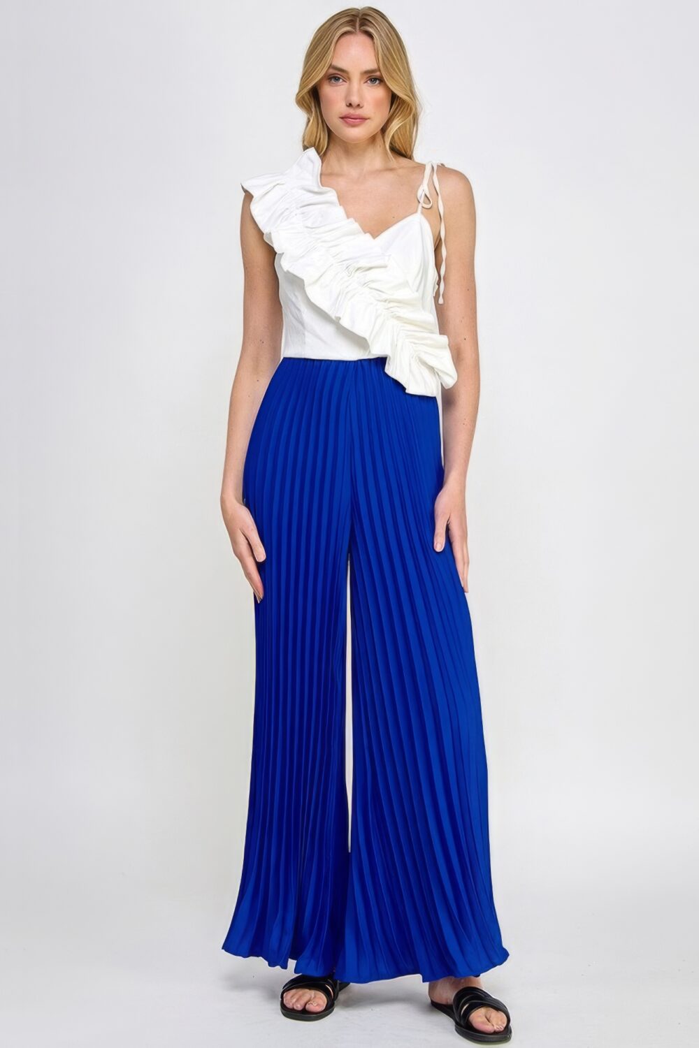 Cami Asymmetrical Ruffle Detail Pleated Bottom Jumpsuit blue