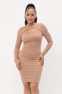 Cut Out Midi Dress Mock Neck with Long Sleeves
