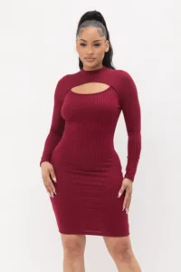Cut Out Midi Dress Mock Neck with Long Sleeves