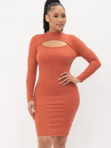 Cut Out Midi Dress Mock Neck with Long Sleeves