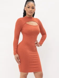 Cut Out Midi Dress Mock Neck with Long Sleeves