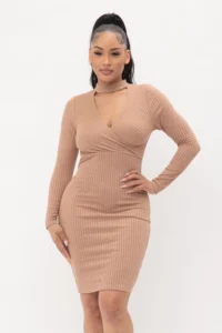 Choker Neck Midi Dress with Long Sleeves