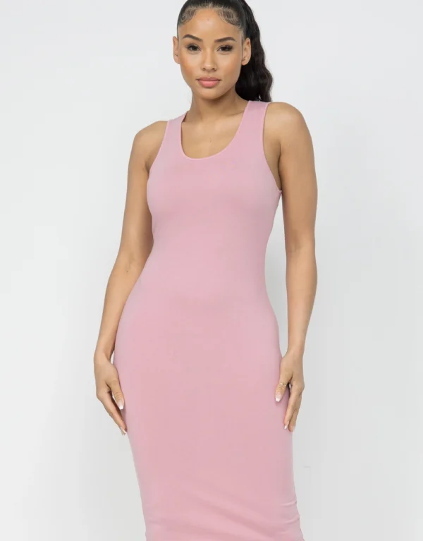 Cotton Spandex Solid Sleeveless Tank Bodycon Midi Dress