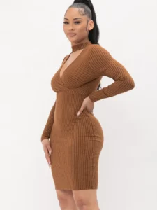 Choker Neck Midi Dress with Long Sleeves