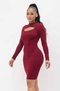 Cut Out Midi Dress Mock Neck with Long Sleeves