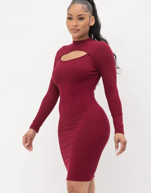 Cut Out Midi Dress Mock Neck with Long Sleeves
