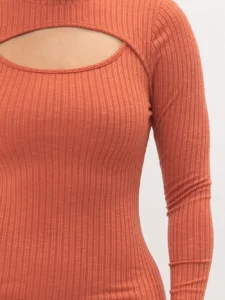 Cut Out Midi Dress Mock Neck with Long Sleeves