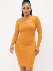 Cut Out Midi Dress Mock Neck with Long Sleeves