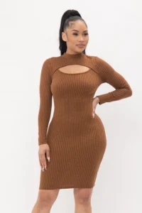 Cut Out Midi Dress Mock Neck with Long Sleeves